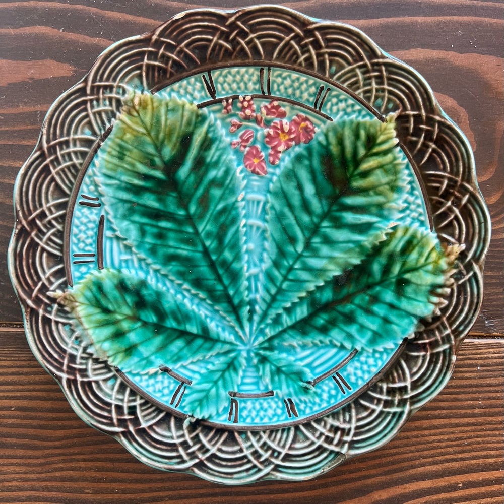 Antique Majolica Overlapping Chestnut leaves and pink floral plate